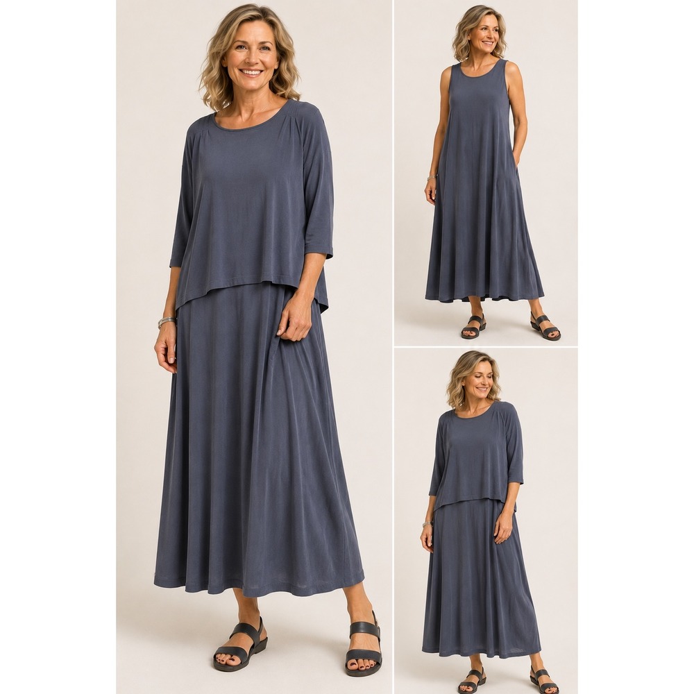 Pure Jill XL Gray Layered Midi Dress Soft Knit Lagenlook Minimalist Side Slit